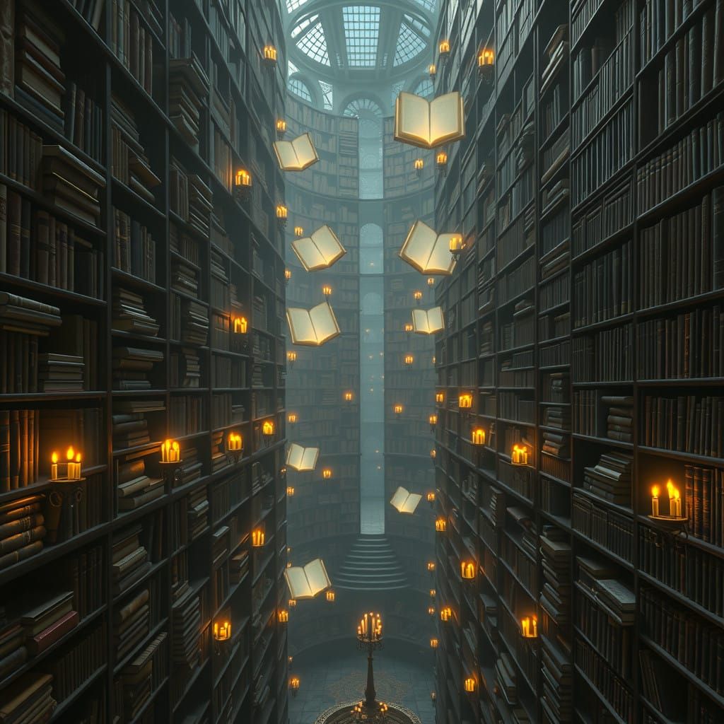 Surreal Library of Endless Illuminated Tomes in Candlelit My...