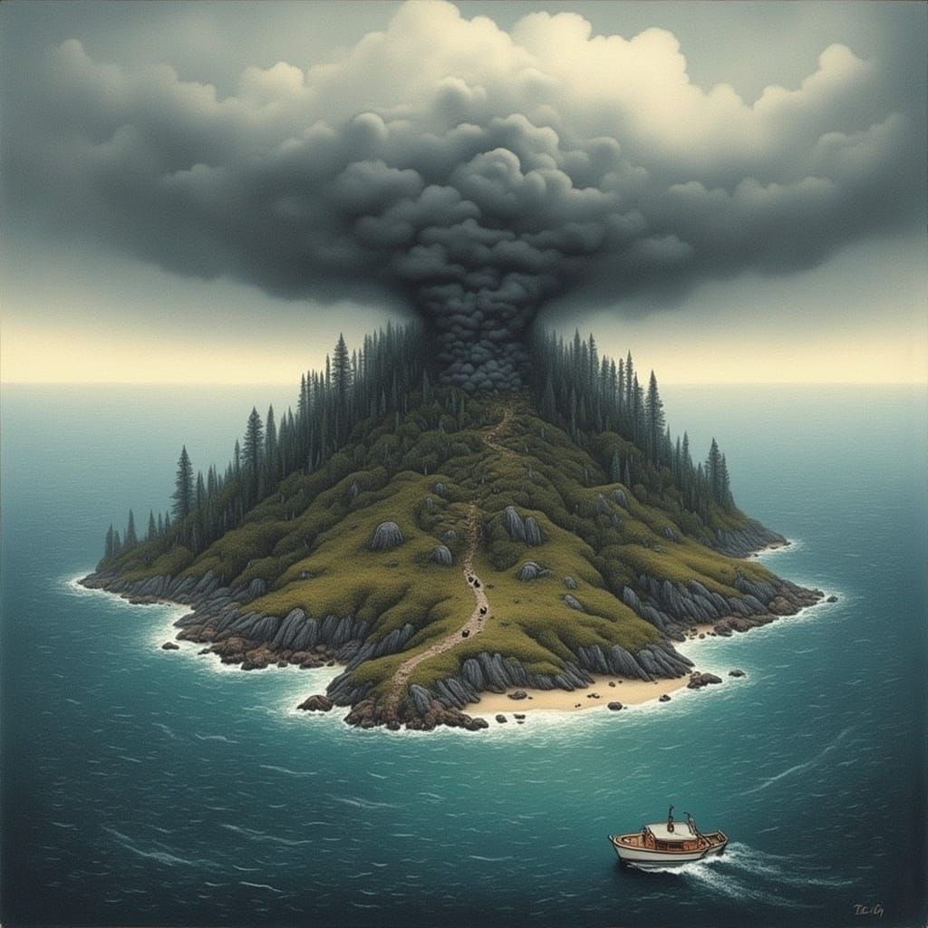 Menacing Volcanic Island Under Dark Skies