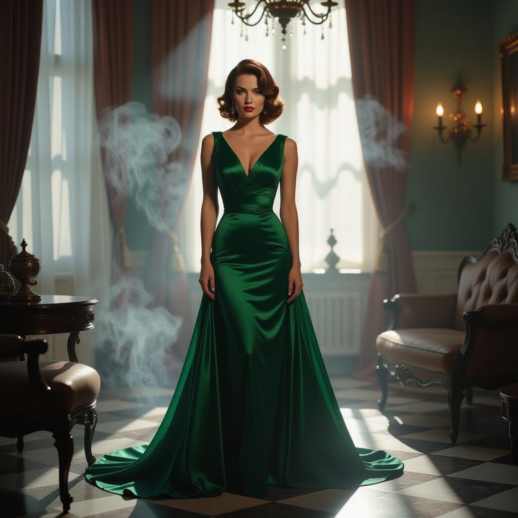 Elegant Woman in Emerald Gown: 1940s Noir Portrait