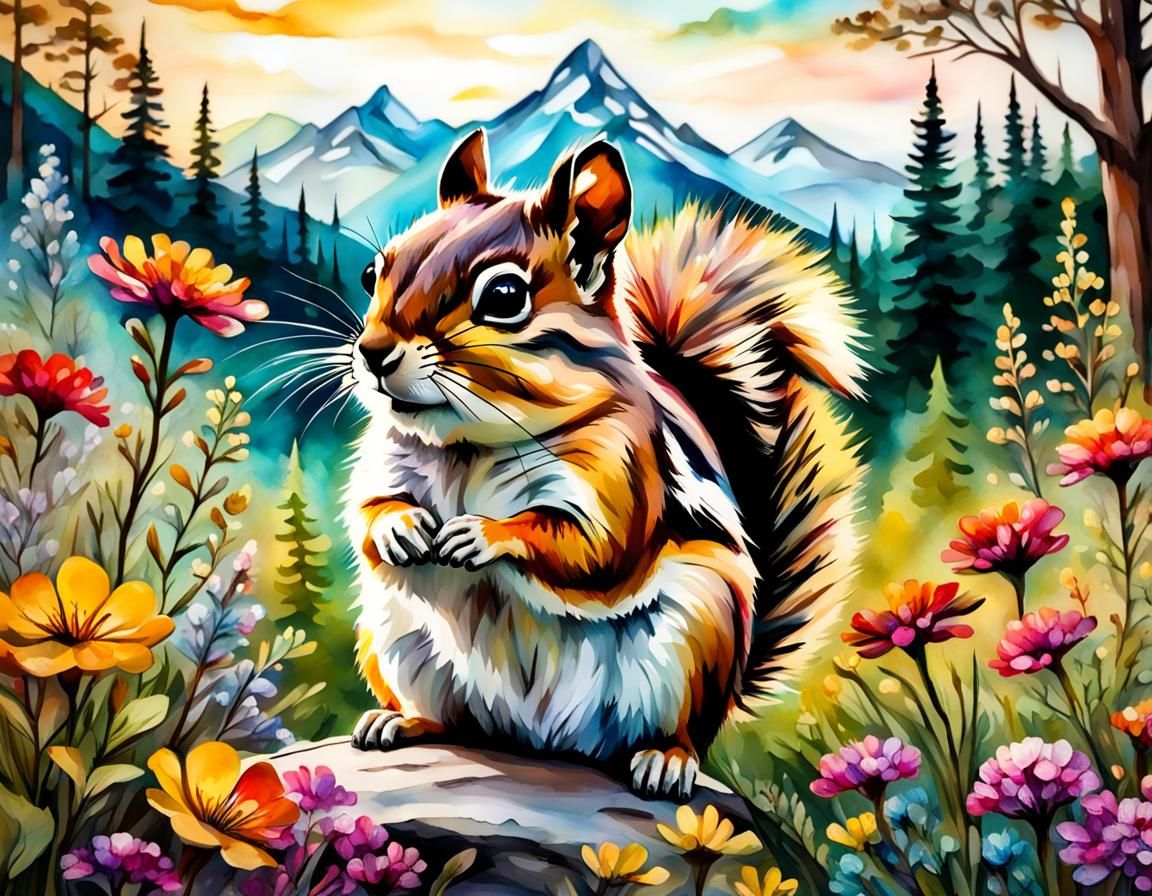 Chipmunk in Mountain Forest: Alcohol Ink Art