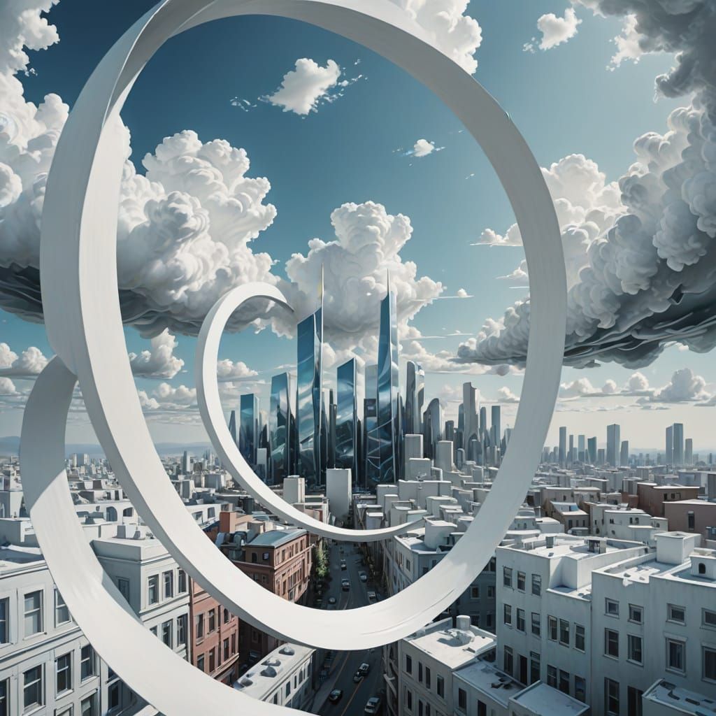 Surreal White Mobius Strip Cityscape in Soft Layers