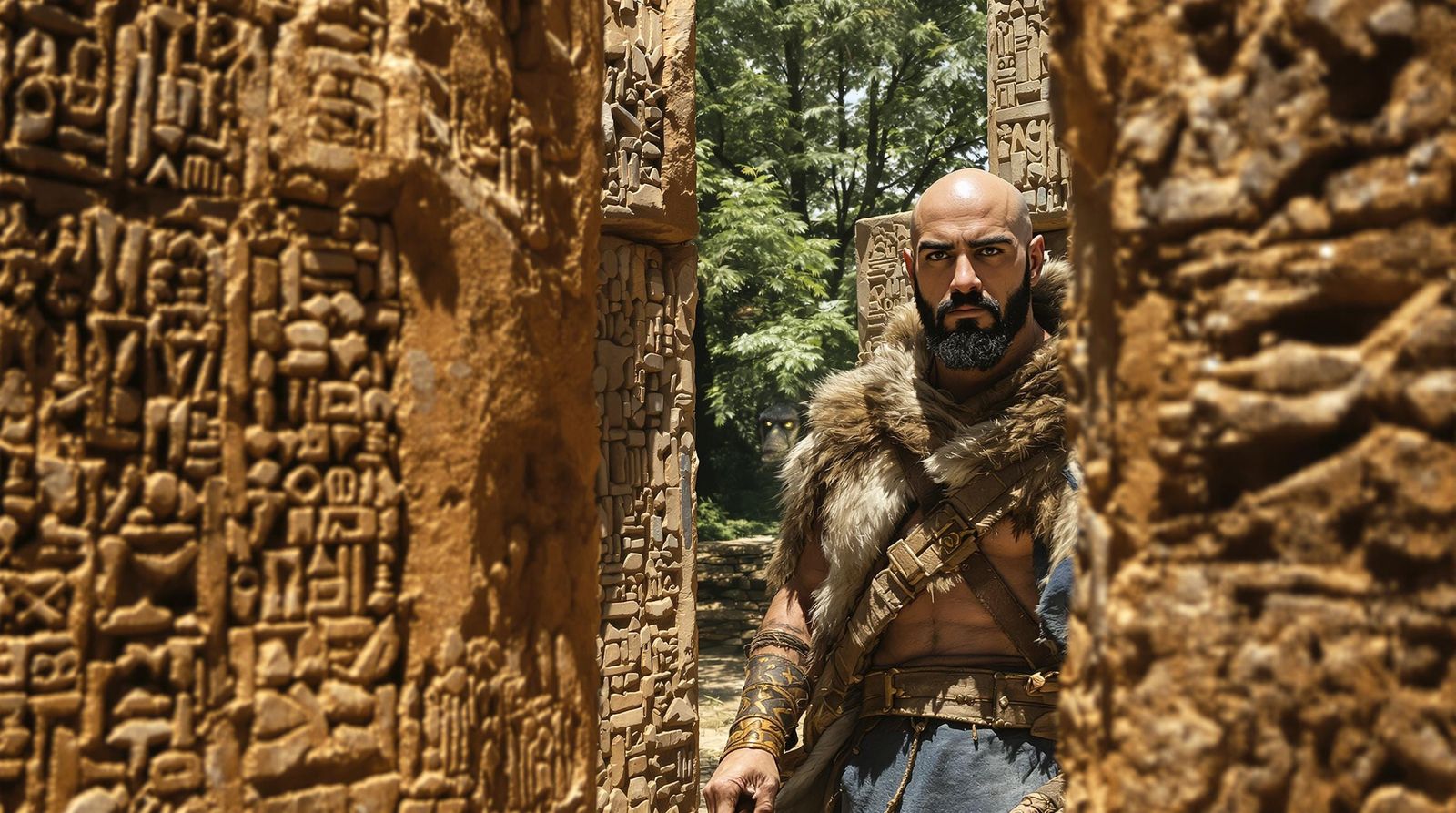 Ancient Warrior Leads Chariot in Cuneiform-Era Forest