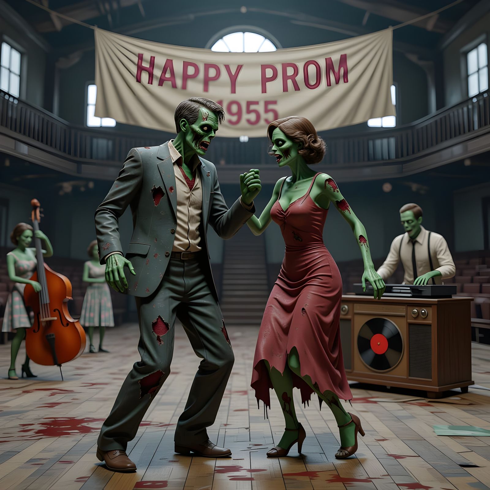 Zombies Dance at Abandoned Prom in Fantasy Matte Painting
