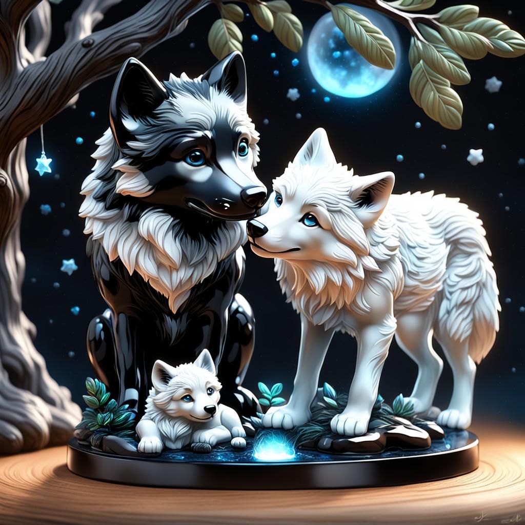 Enameled Glass Wolf Cubs Gazing at Stars