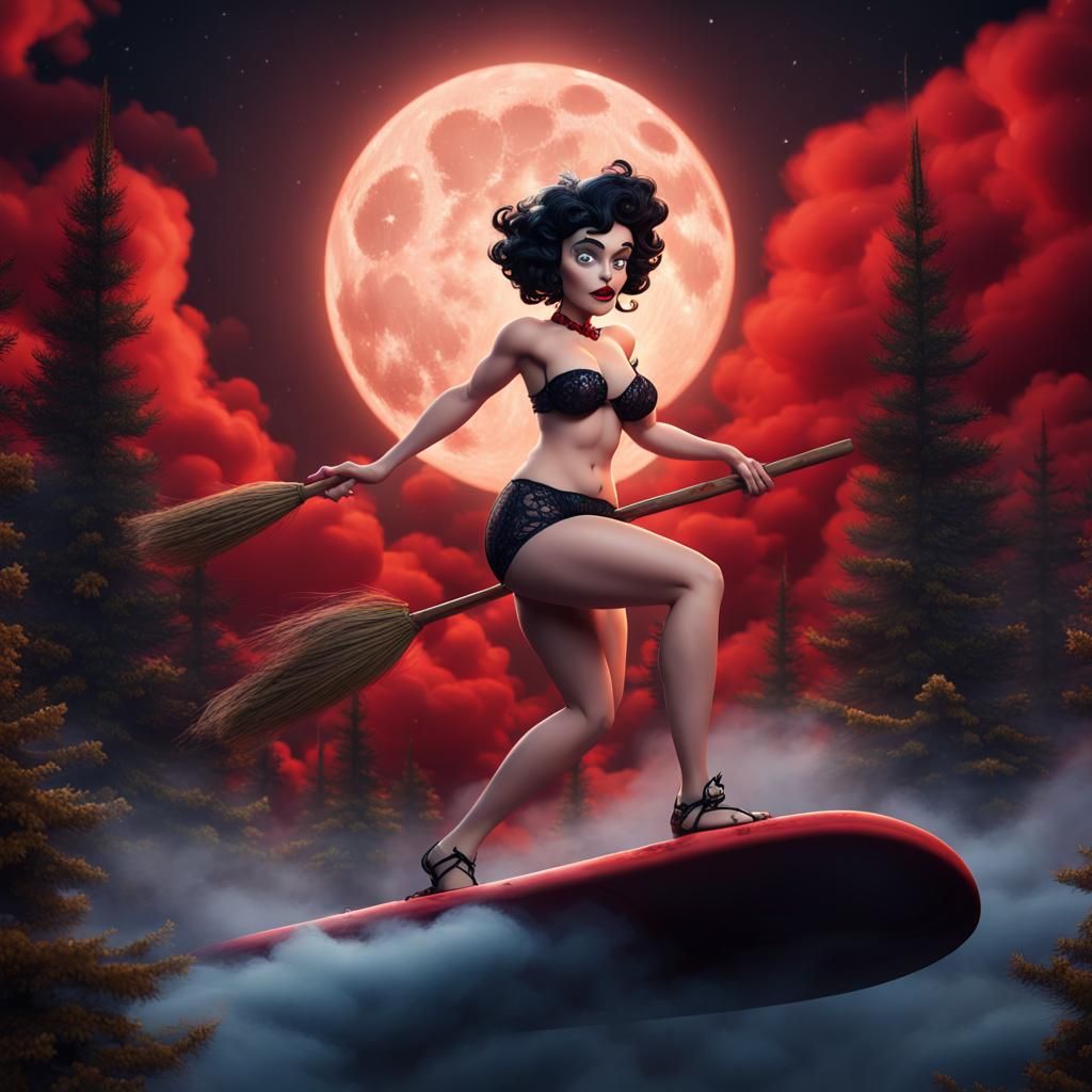 Betty Boop Witch Surfing on Broomstick, Digital Painting