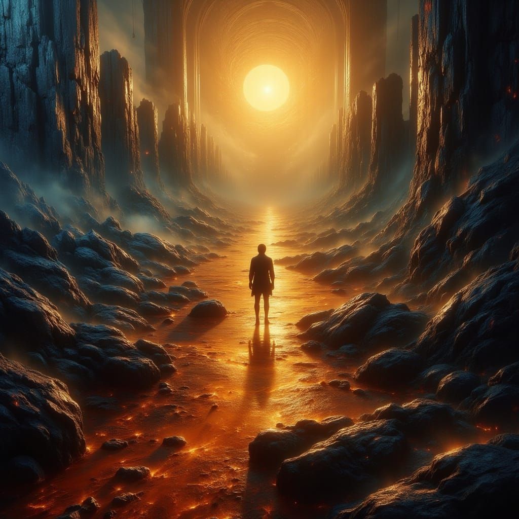 Solitary Figure by Ethereal Whiskey River at Sunset