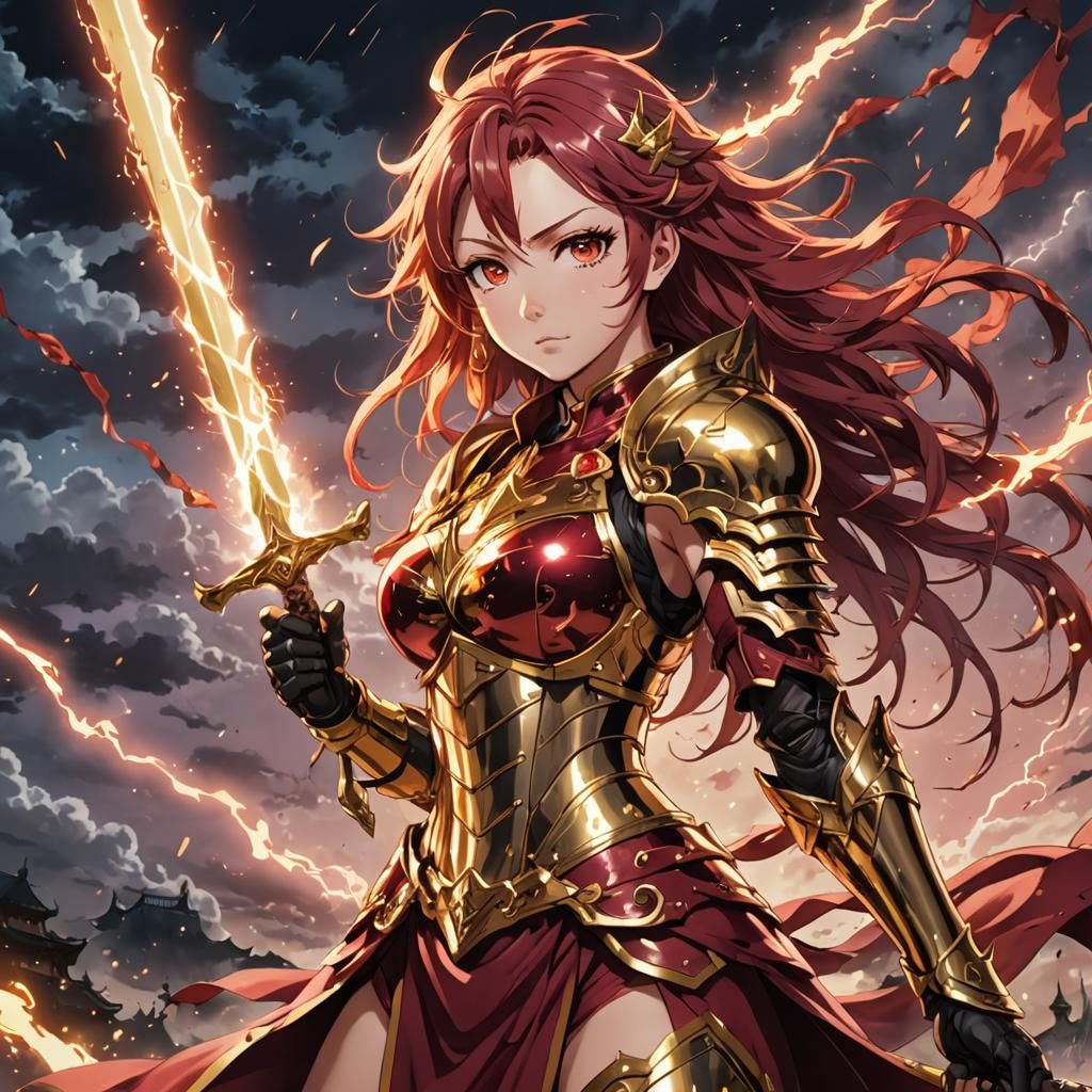 Fierce Fairy Warrior in Golden Armor with Burgundy Hair and...