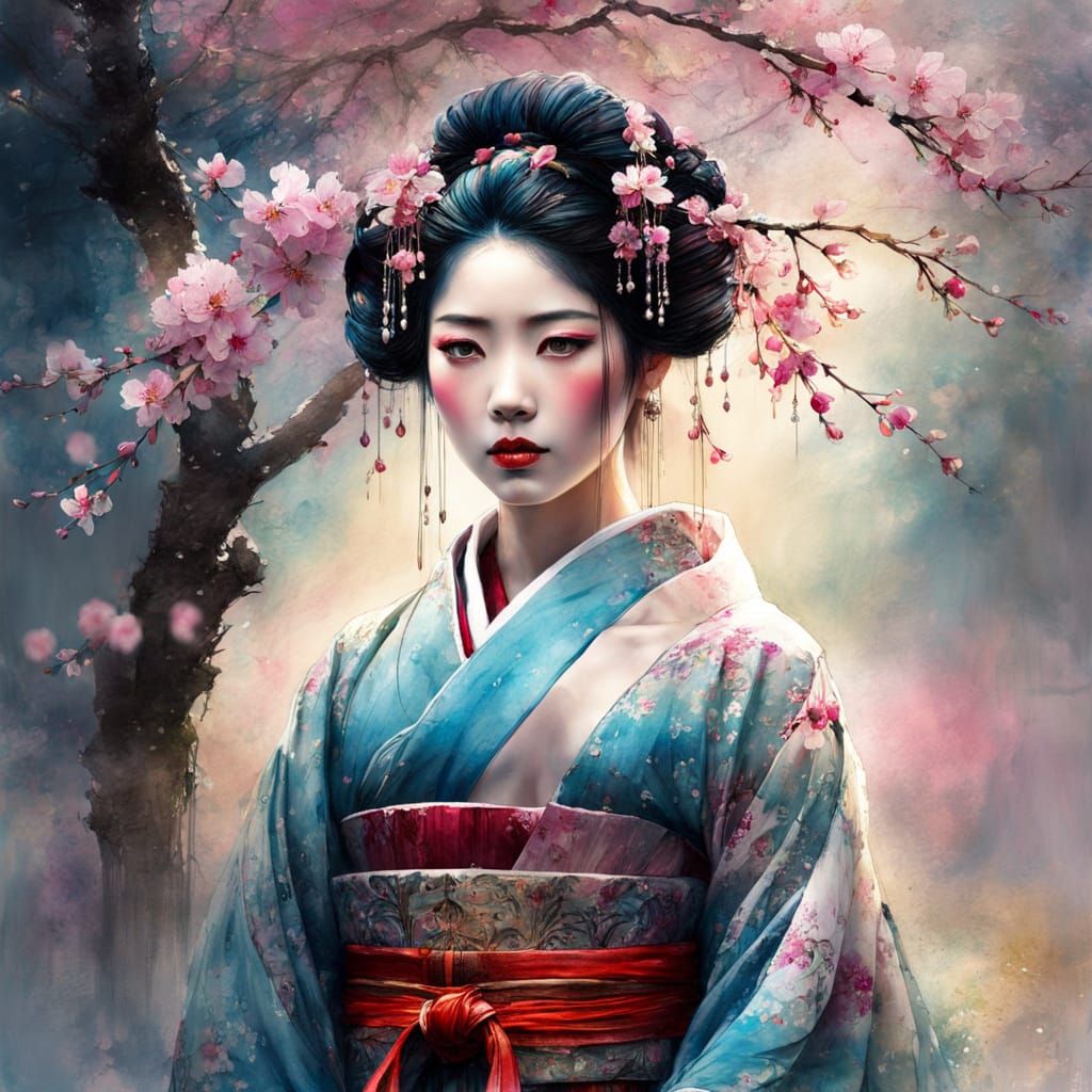 Surreal Watercolor Geisha Amid Cherry Blossoms