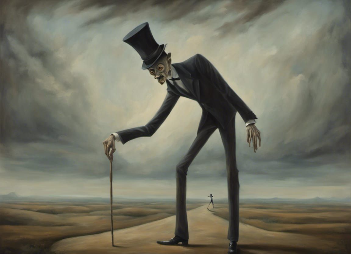 Creepy Long-Legged Man in Surreal Oil Painting
