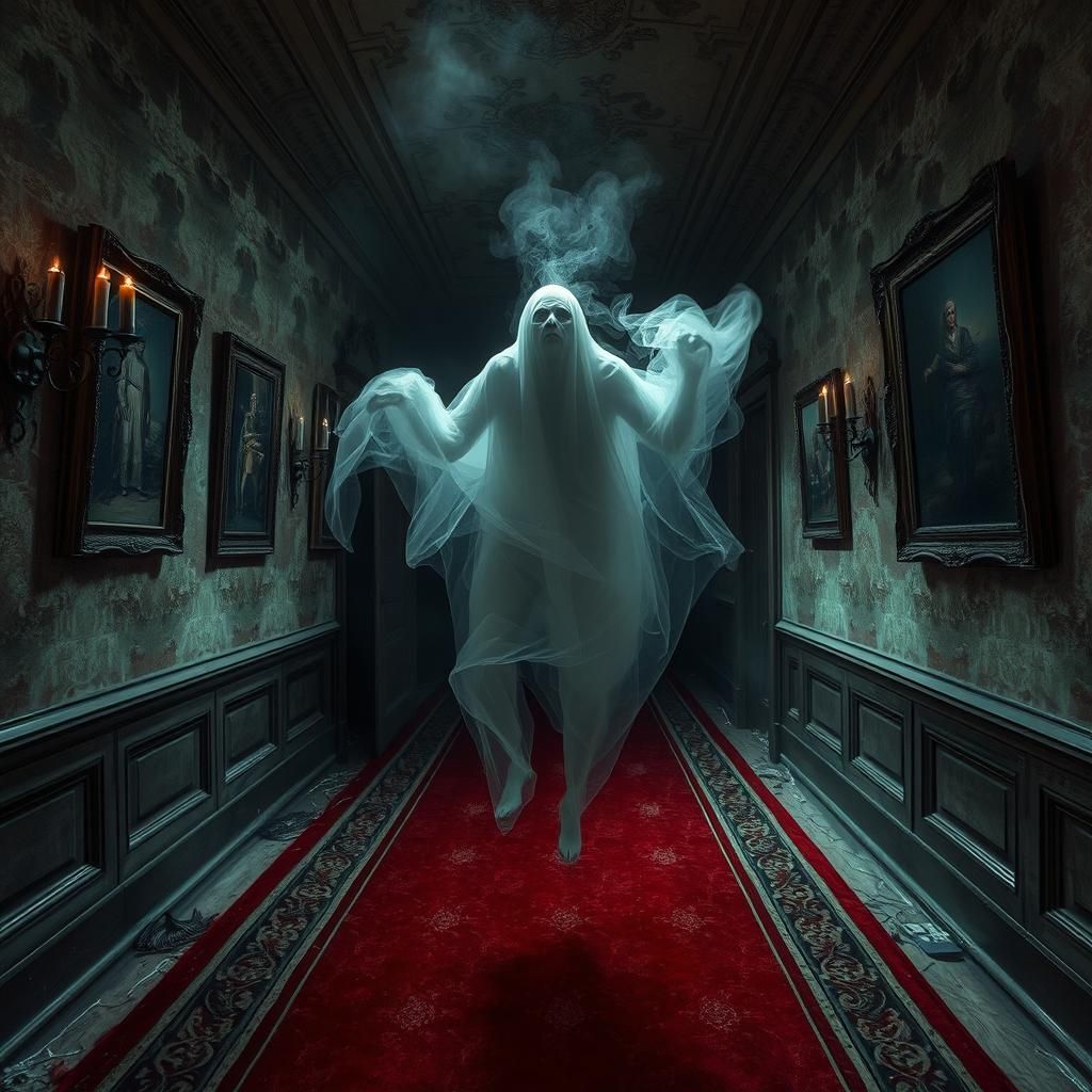 Eerie Haunted Mansion Hallway with Ghost in Ghostcore Style