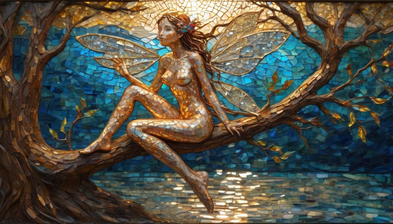Glass Fairy on Branch in Stained Glass Style