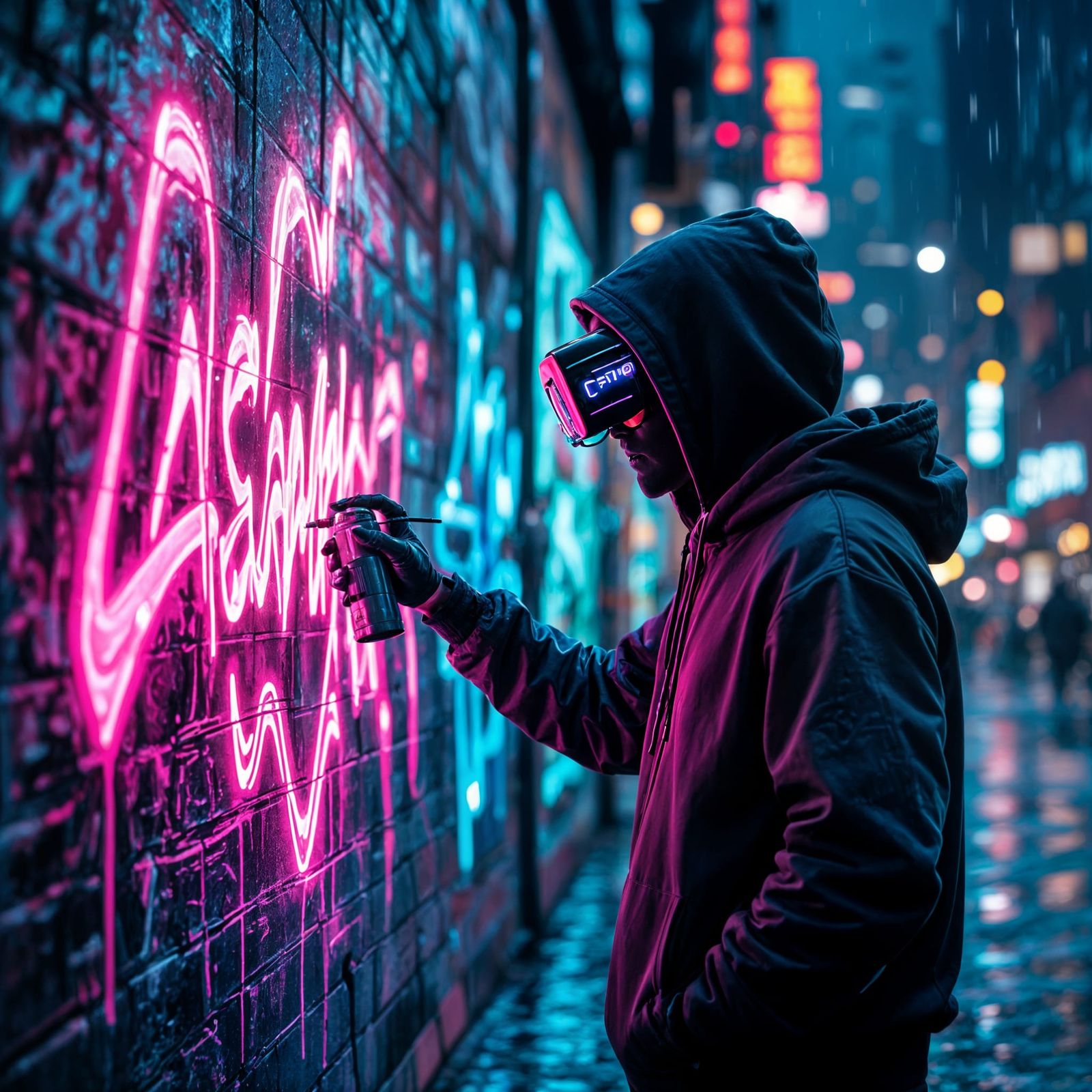Cybernetic Street Artist Painting Neon Mural