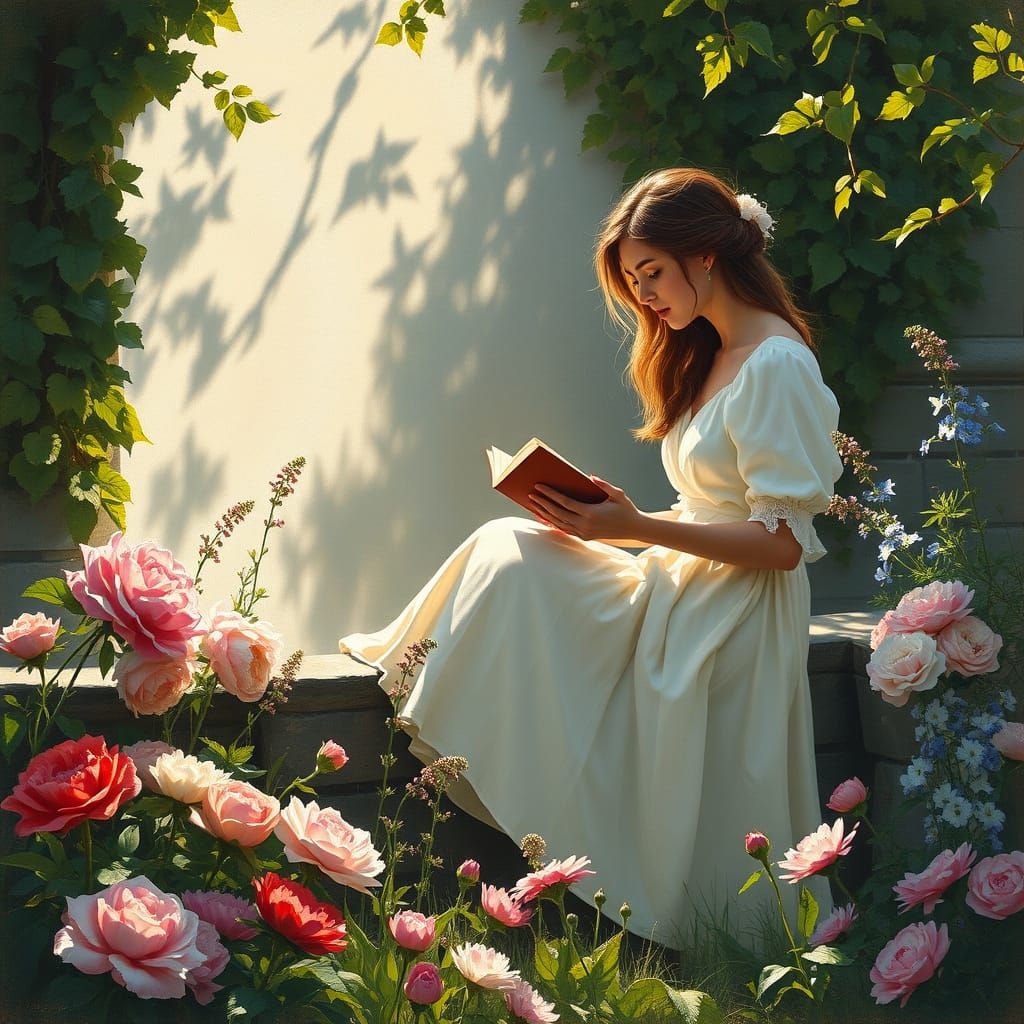 Woman Reading by Ivy Wall in Filtered Light