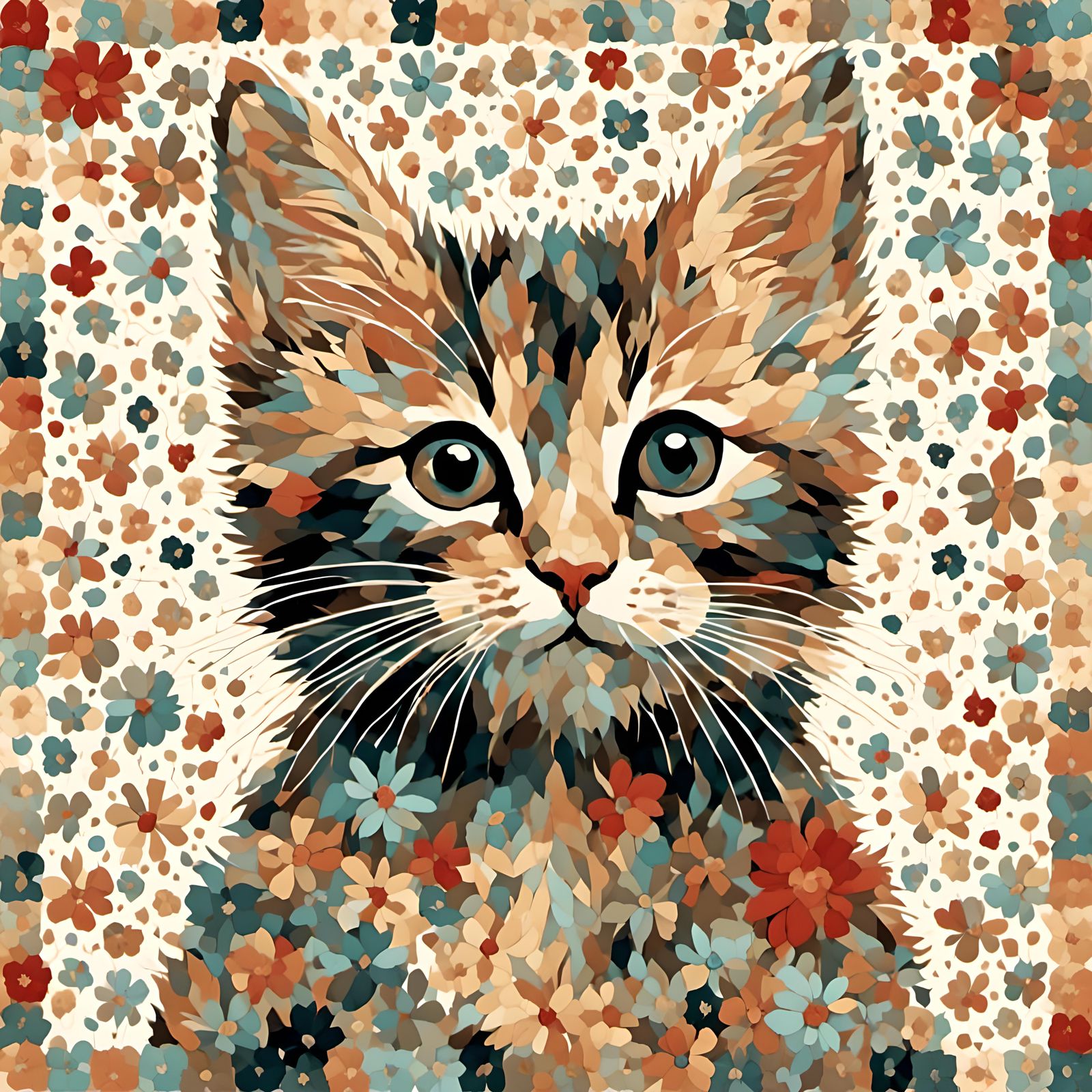 Patchwork Collage Kitten Portrait in 2D Style