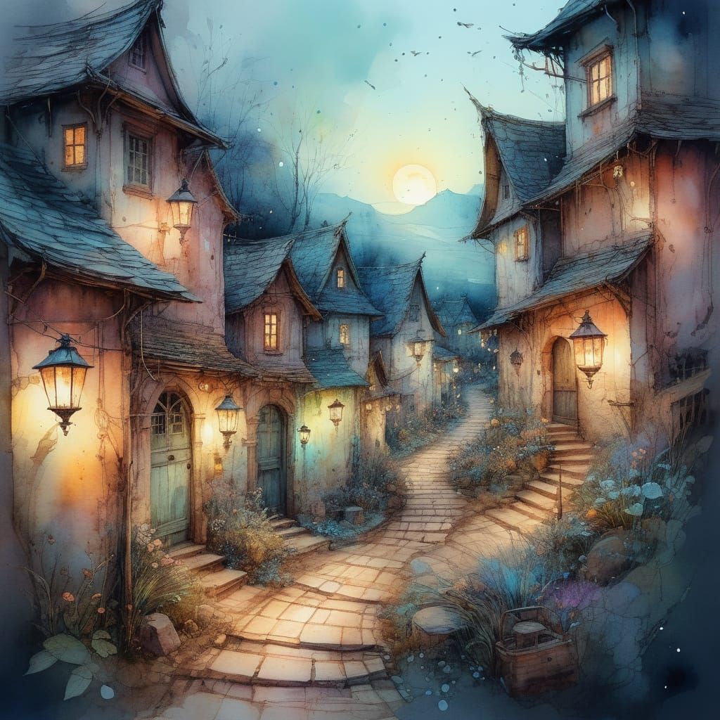 Watercolor Village with Glowing Windows