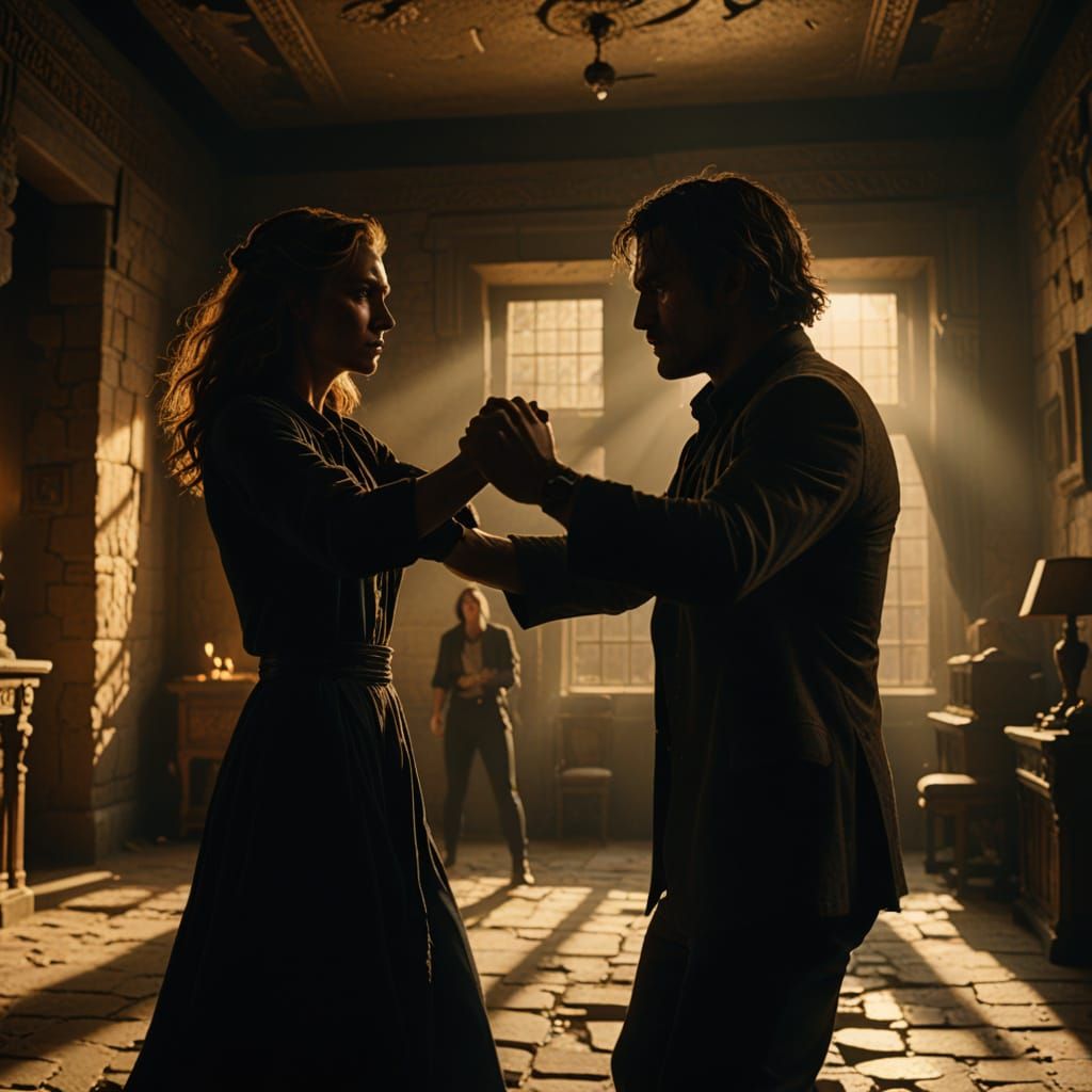 Intense Cinematic Still: Man Punches Woman