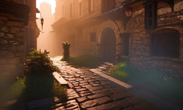 Cat Assassin in Medieval Alley with Furry Entourage