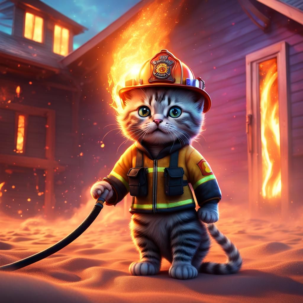Kitten Firefighter Stops Beach Inferno, Digital Art