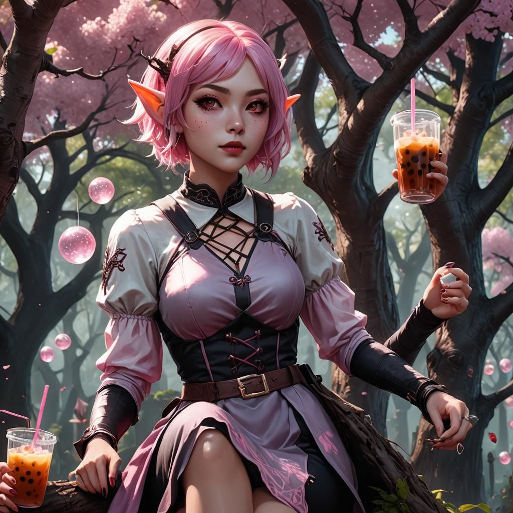 Playful Goth Vampire Elf Catgirl, Detailed Matte Painting