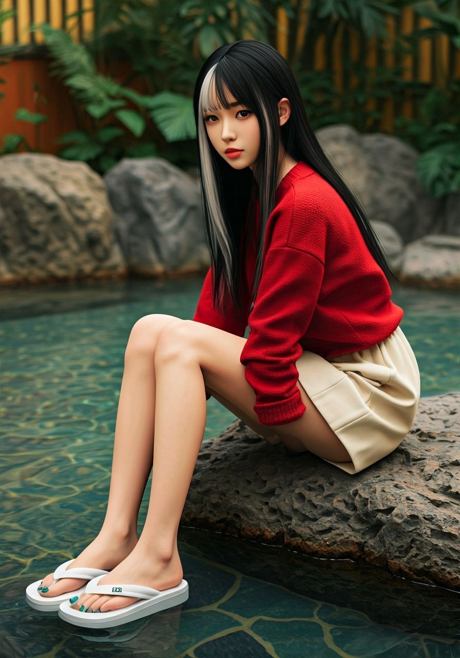 Asian Woman Posing in Hot Spring: Hyperrealistic Digital Art