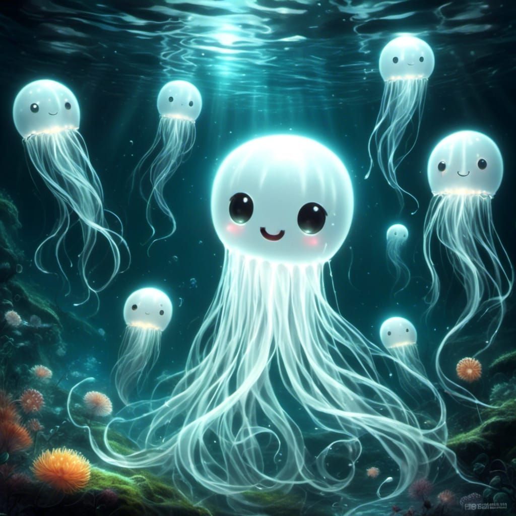 Glowing White Jellyfish in Dark Water