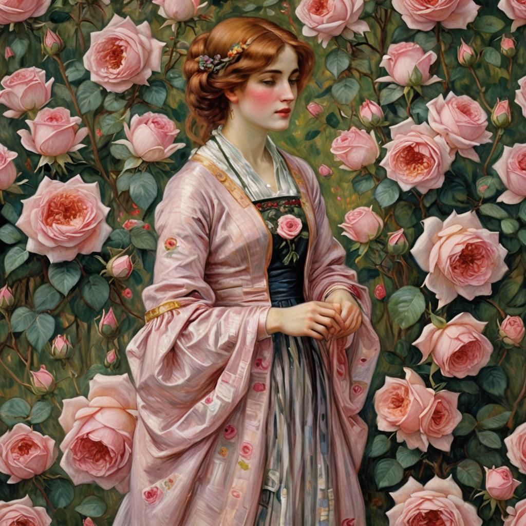Woman Surrounded by Roses in Pre-Raphaelite Style