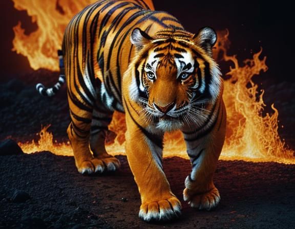 Bengal Tiger Walks Through Molten Lava