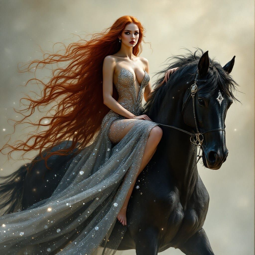 luxurious and ethereal (((full body oil painting))) in the art style of Luis Royo, featuring a (((beautiful woman))) wit...