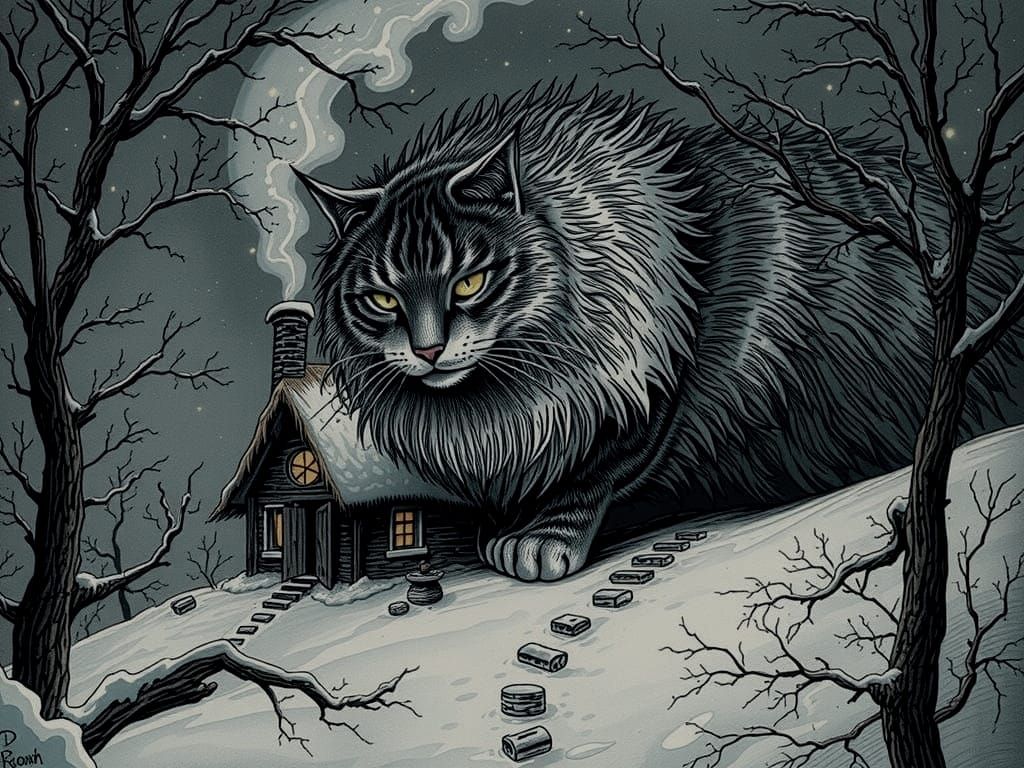 Surreal Winter Illustration of the Yule Cat