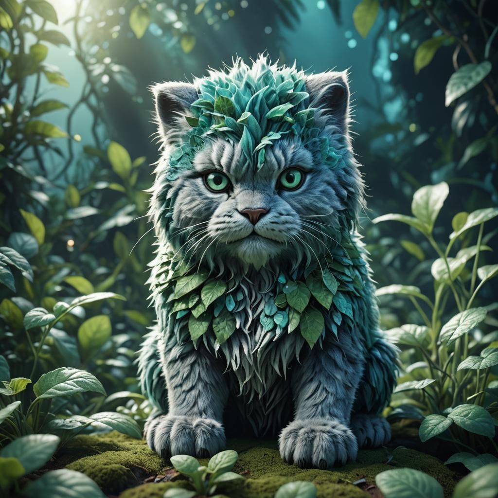 Sci-Fi Mint Plush Manul in Metallic Foliage