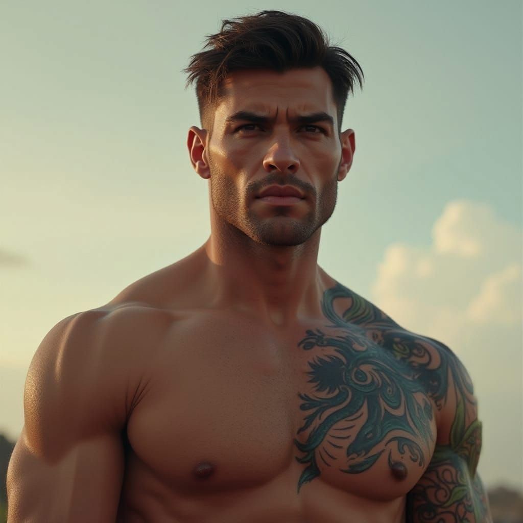 Strong Hero with Intricate Tattoos in Photorealistic Detail