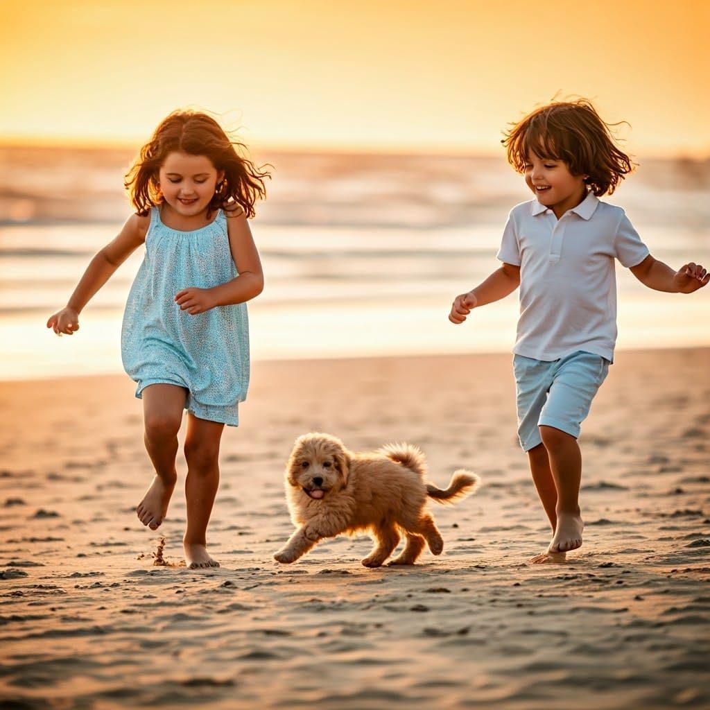 Joyful Children Chase Playful Puppy on Sunset Beach