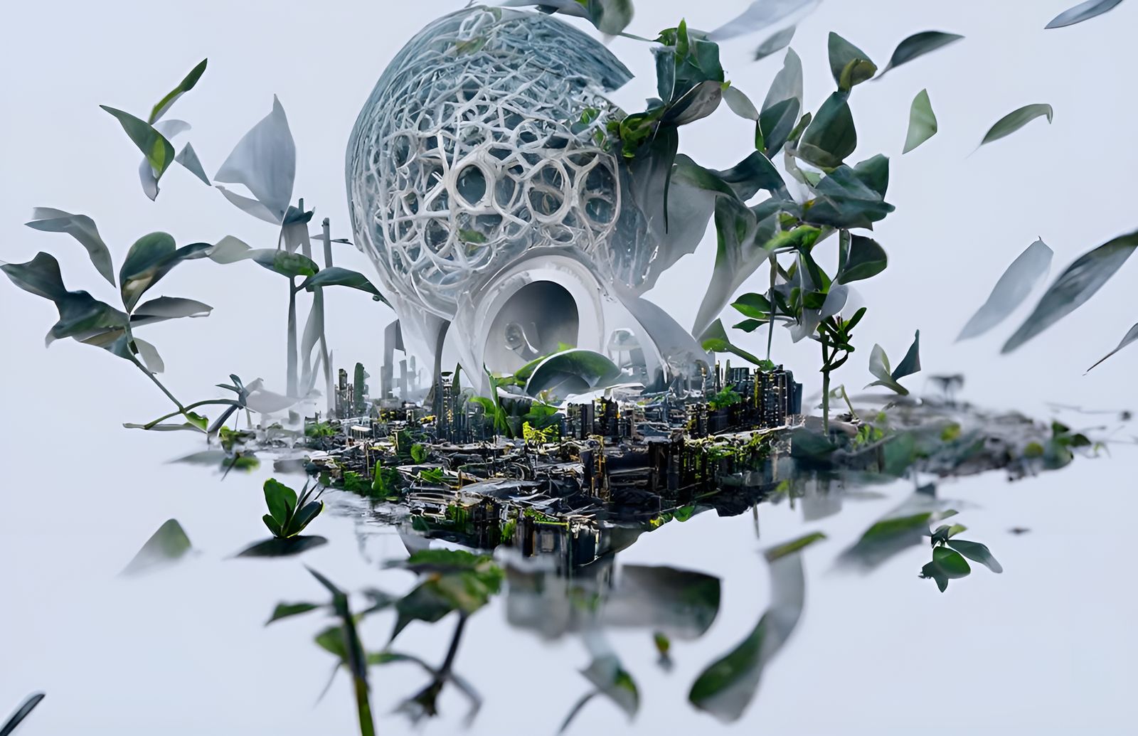 Ecological Biopunk City with Ornate Natural Designs