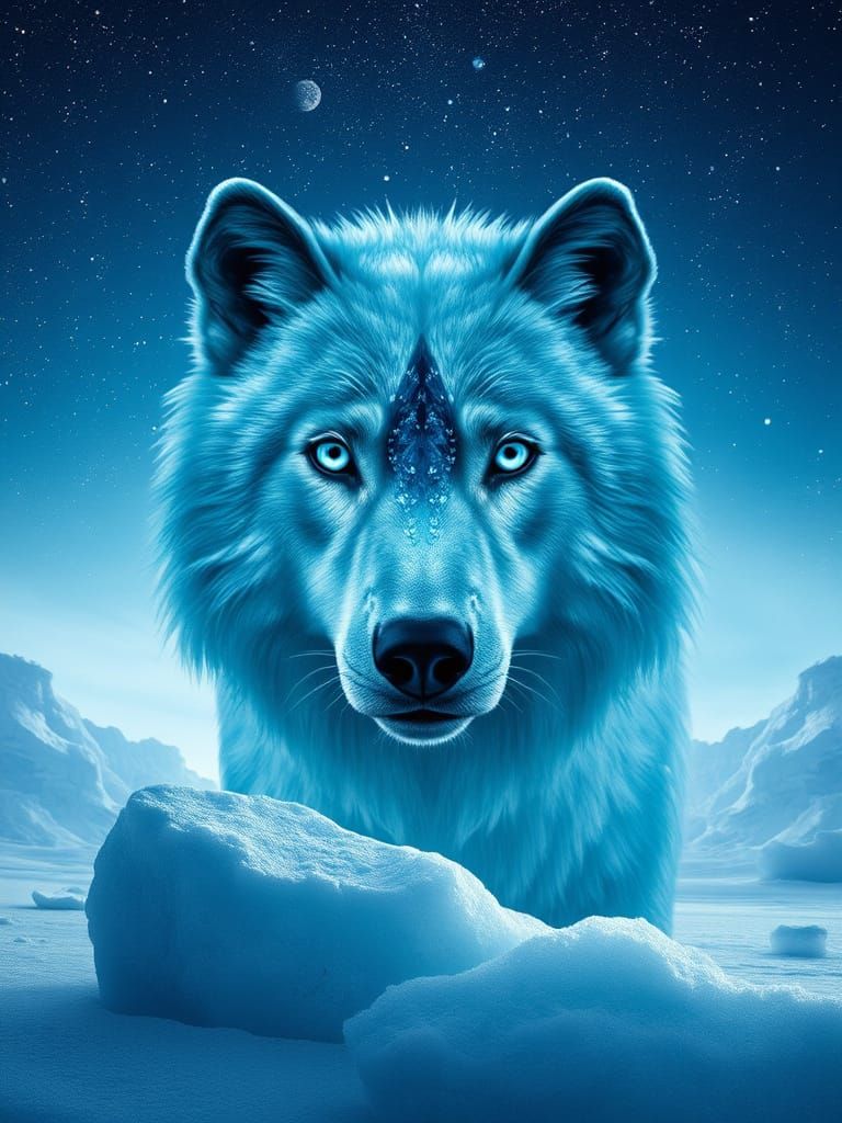 Majestic Blue-Glazed Wolf in an Arctic Landscape