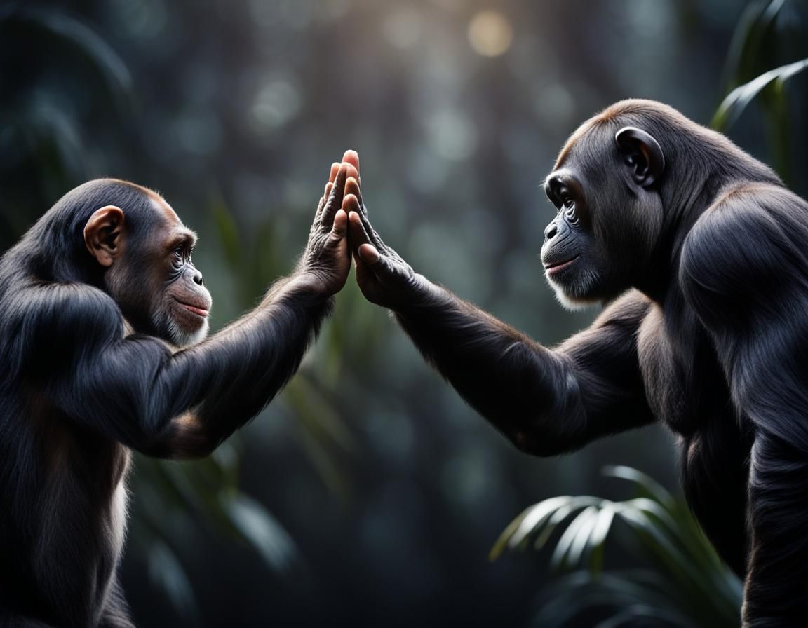 High Fives - Two Chimpanzee Sharing a High Five
