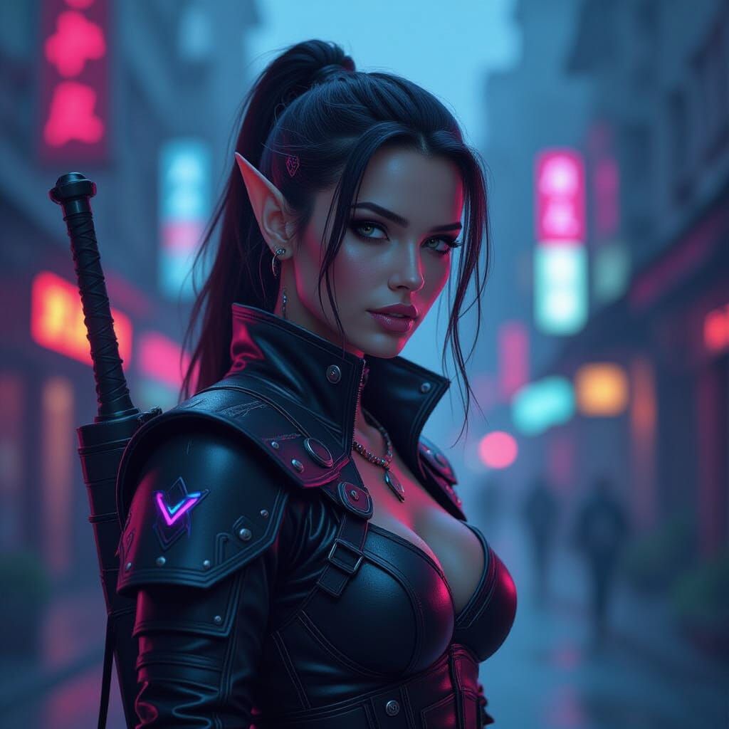 Neon Magic Half Elf in Cyberpunk Style