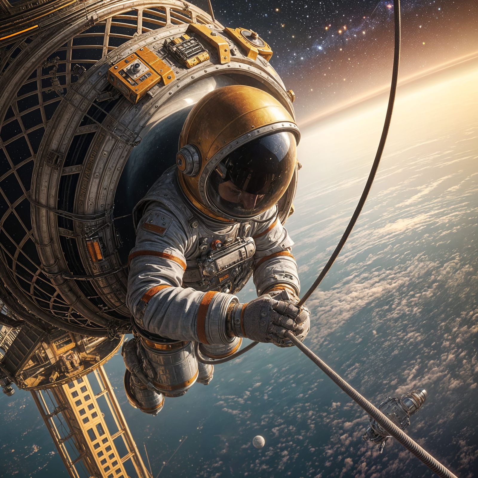 1950s Space Elevator Capsule Repair: Hyperrealistic Art