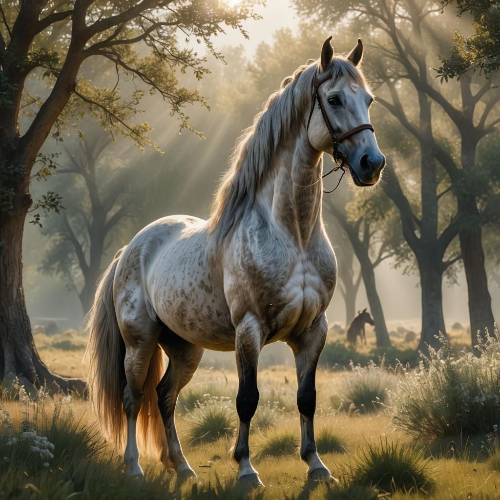 Akal Teke Horse in Misty Meadow, Digital Art