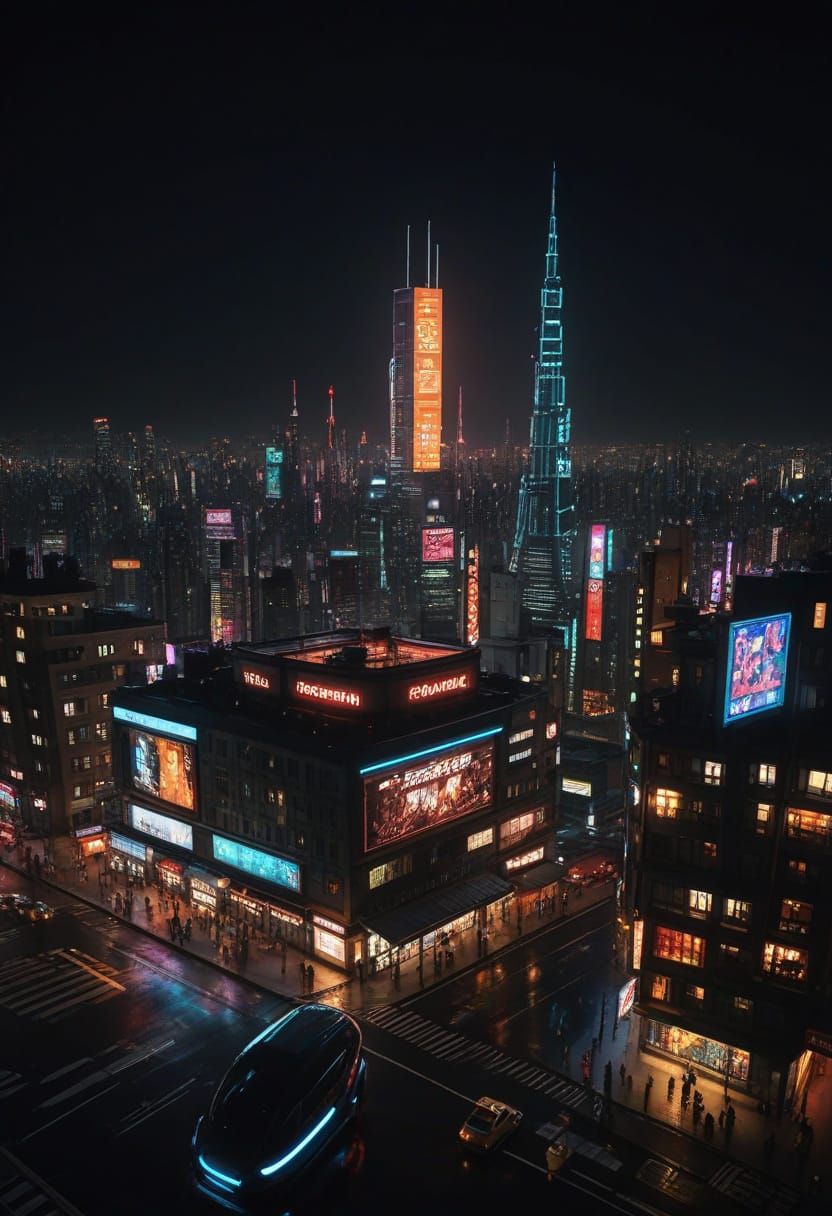 Cyberpunk Metropolis at Night With Neon Lights and Flying Ca...