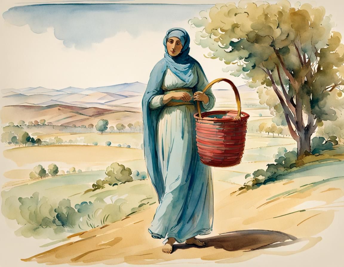 Arab Woman with Basket in Watercolor Style