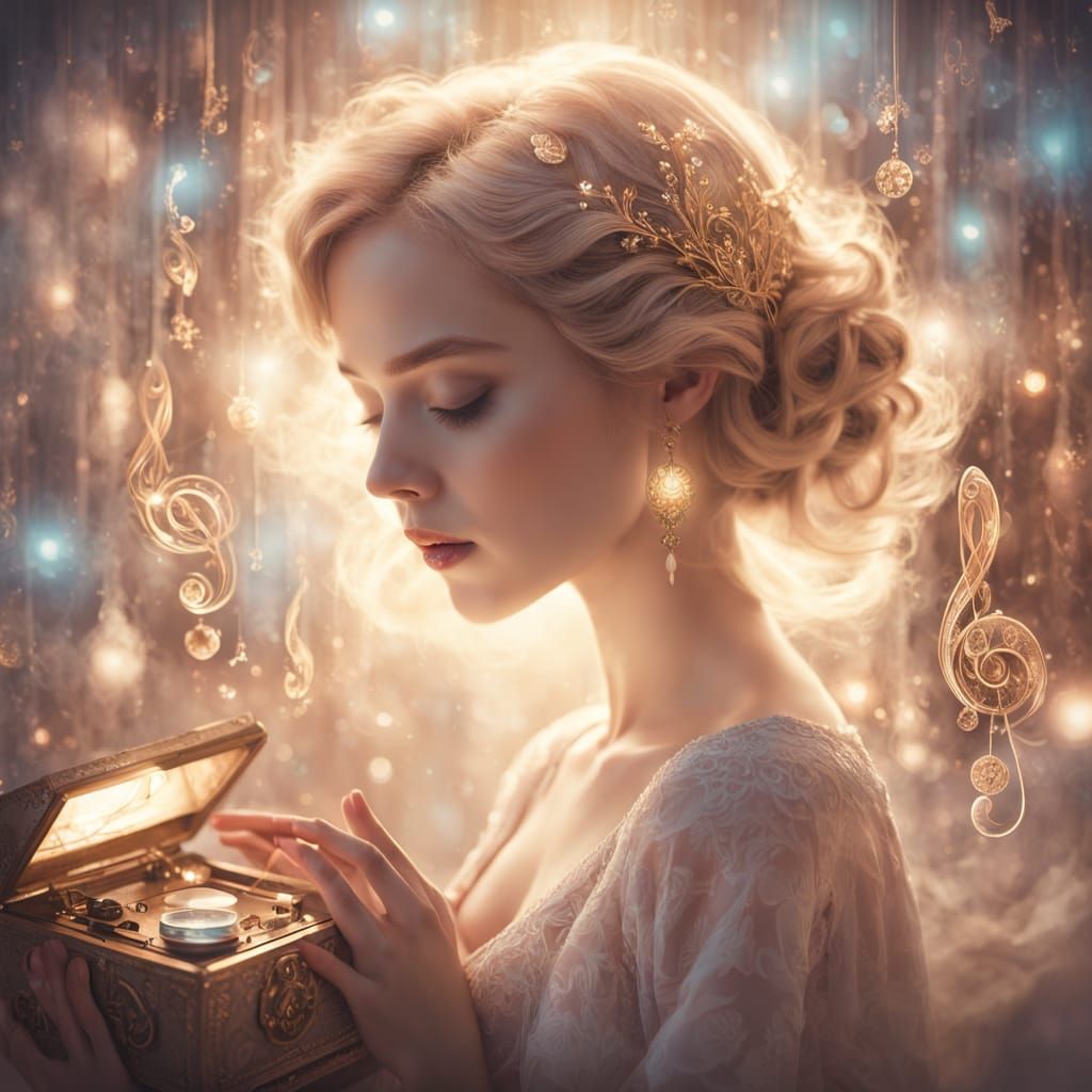 Dreamy Portrait of a Young Woman with a Golden Music Box