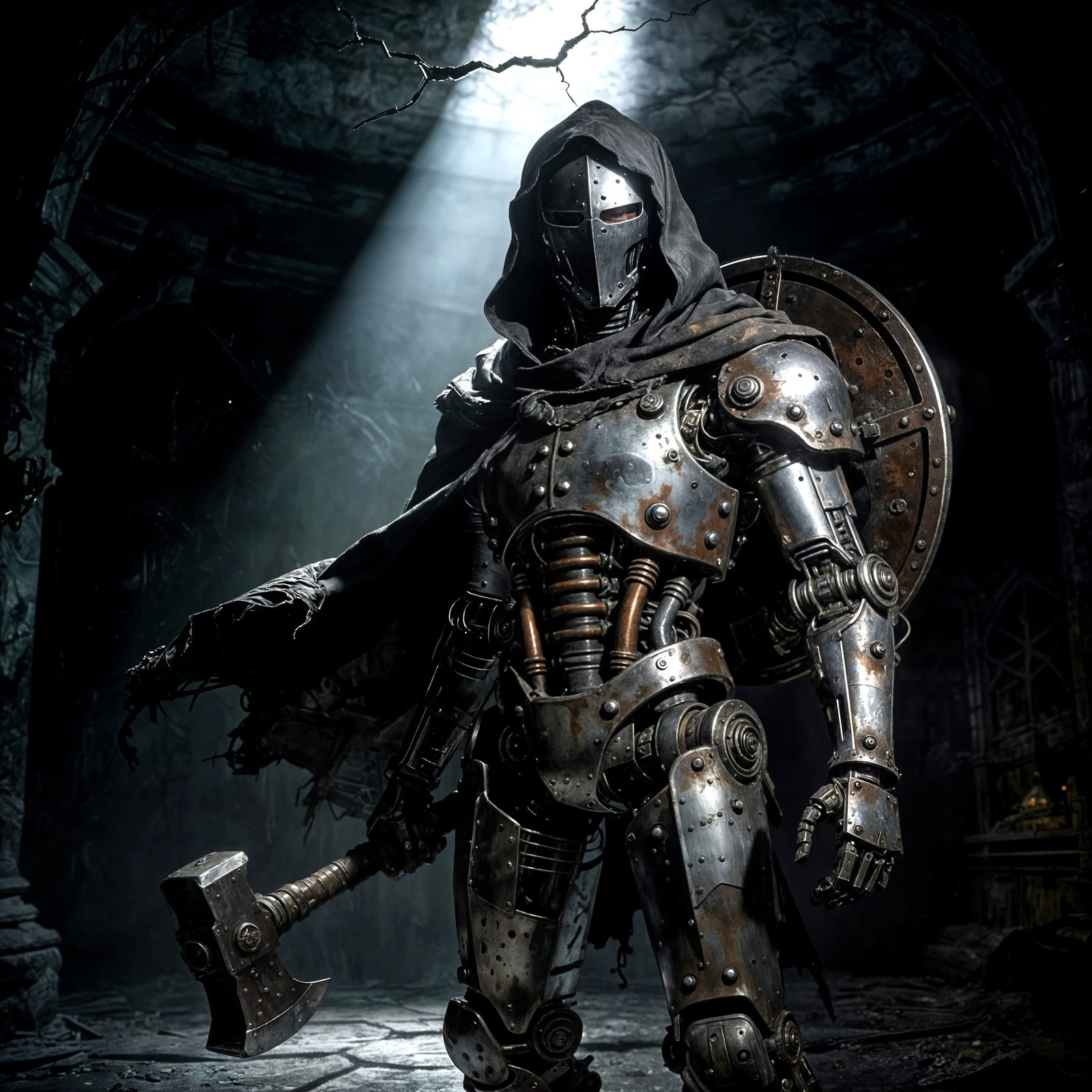 Iron Robot Adventurer with War Hammer in Dark Chamber