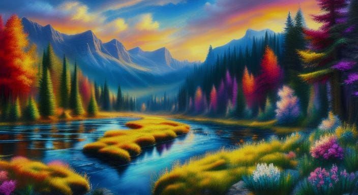 Quilted Valley Landscape with Stream in Full Color