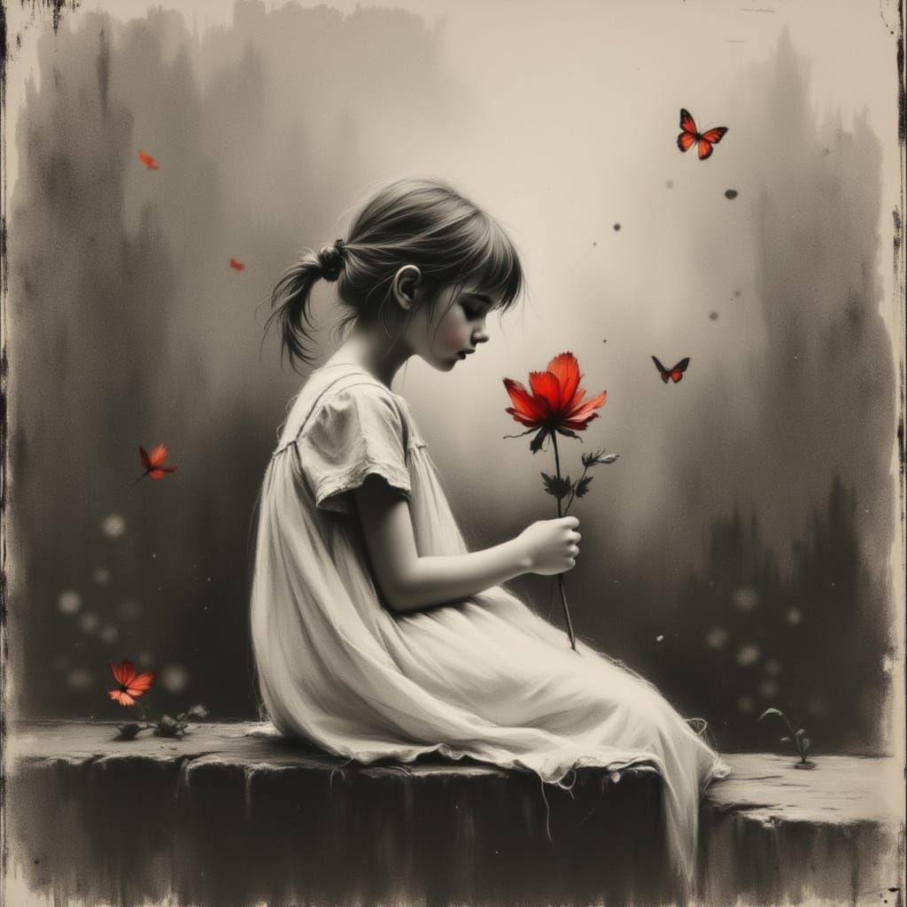 Melancholic Girl with Flower, Charcoal Drawing Style