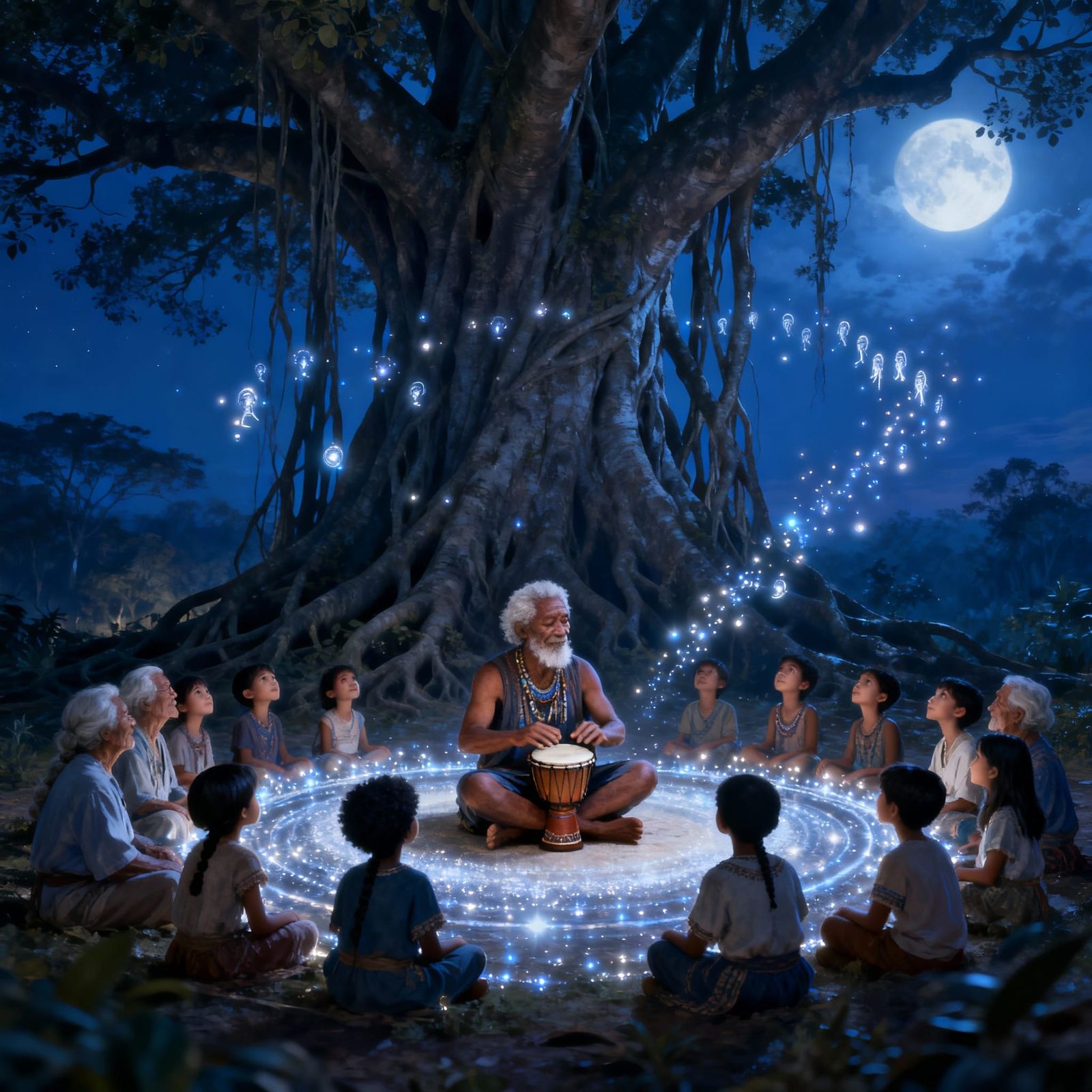 Moonlit Banyan Tree Gathering: Spiritual Heritage and Unity