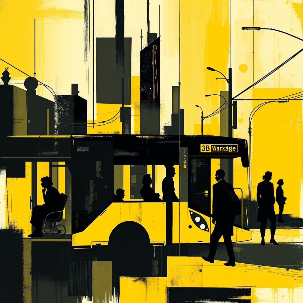 Futuristic Bus Stop Scene in Bold Cubist Style