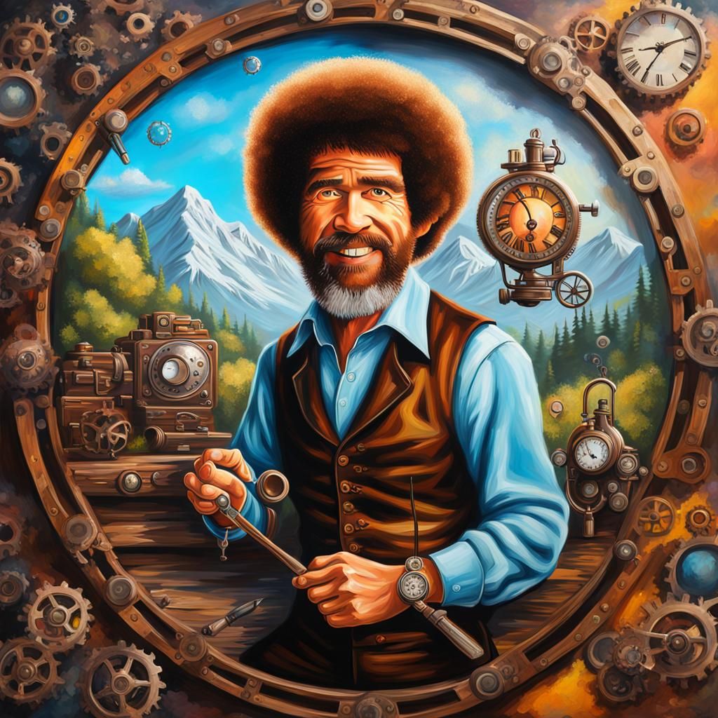 Steampunk Bob Ross Hyperrealistic Painting