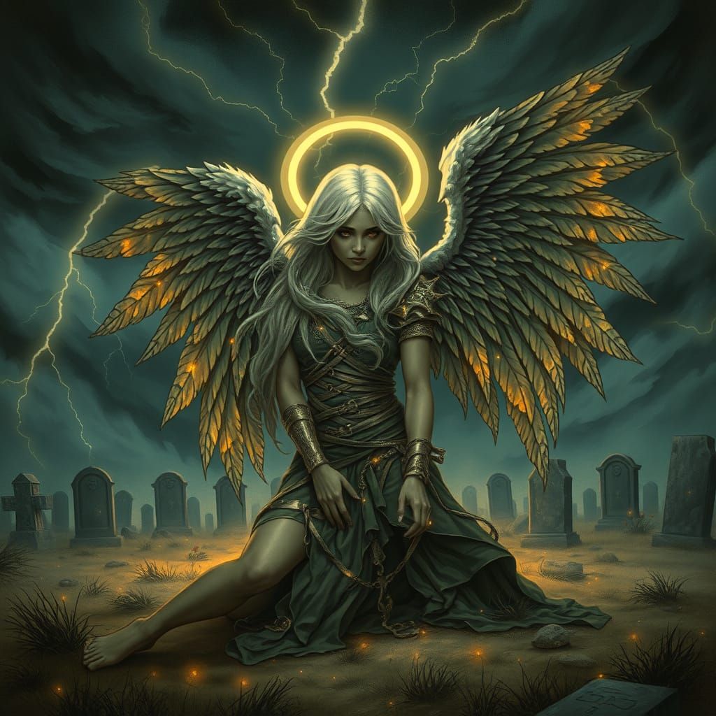 Celestial Dark Angel in Stormy Graveyard