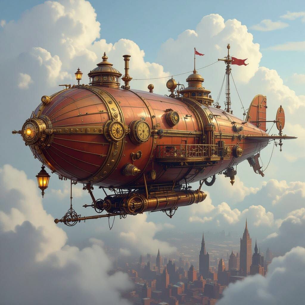 Steampunk Airship Soaring Through Cloudy Sky