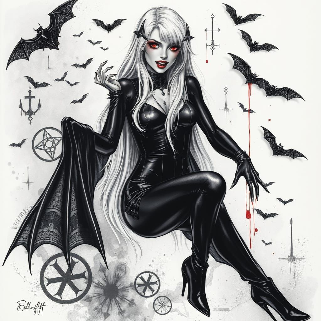 Seductive Vampire in Charcoal Drawing Style